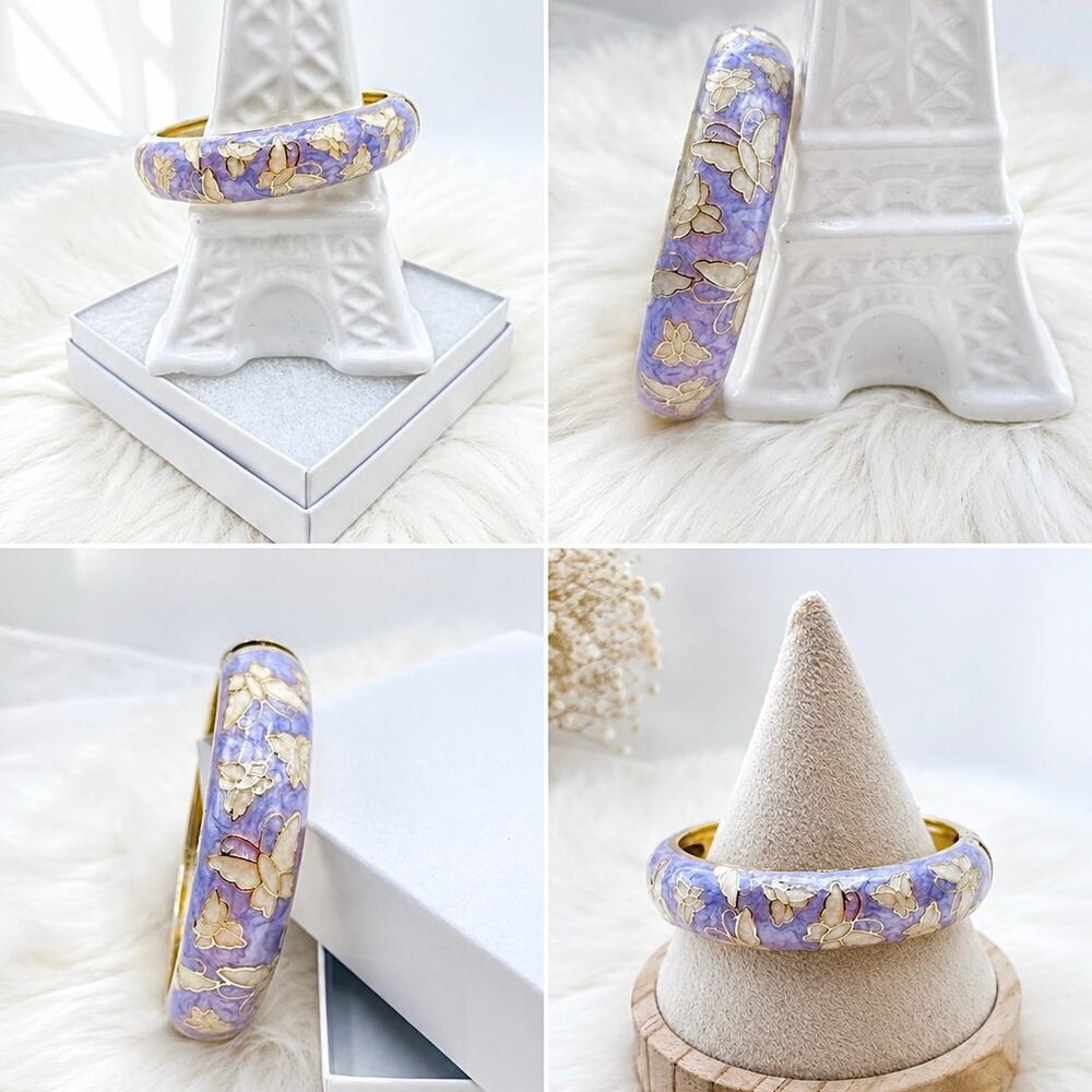 Lavender Butterfly Enamel Hinged Bangle Bracelet Gold Tone